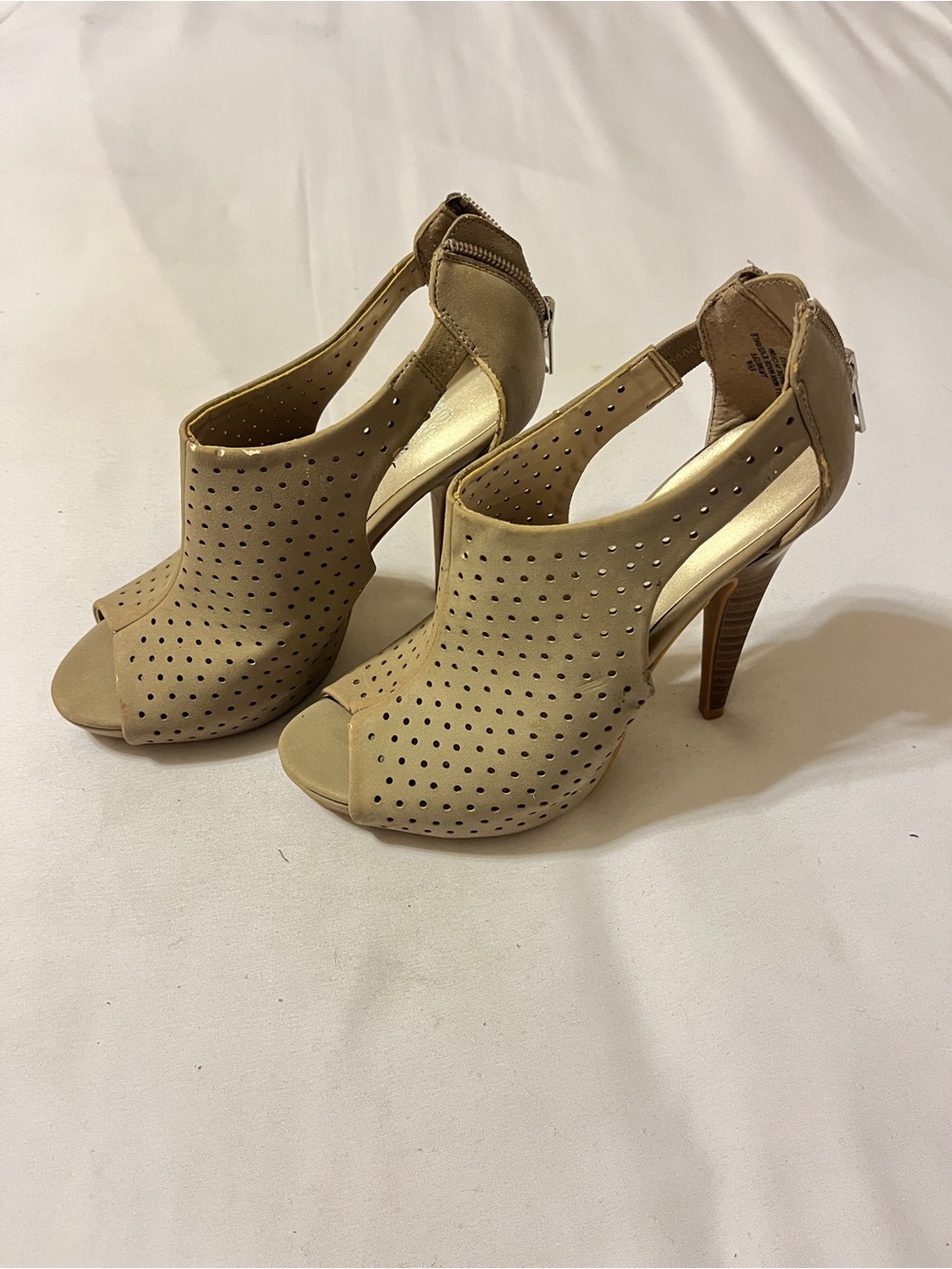 Peep-Toe Perforated High Heel Sandals in Tan